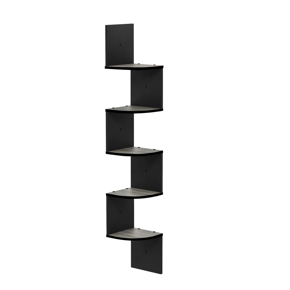 5 Tier Wall Mount Floating Radial Corner Shelf, French Oak Grey/Black