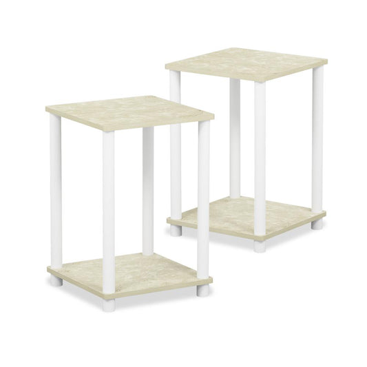 Furinno Turn-N-Tube Haydn End Table, Cream Faux Marble/White, Set of 2