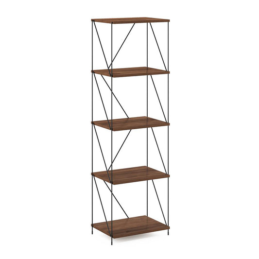 Furinno Besi 5-Tier Industrial Multipurpose Shelf Display Rack with Metal Frame, Narrow, Walnut Cove