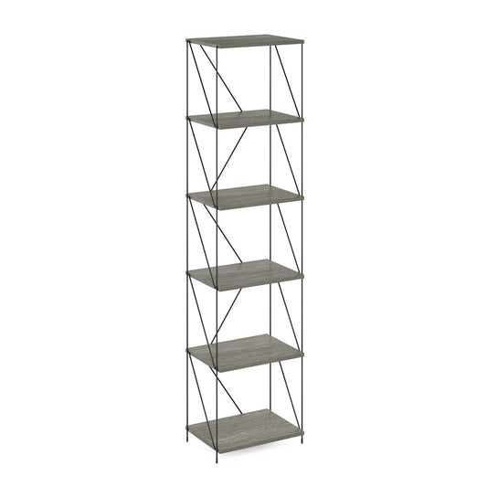 Furinno Besi 6-Tier Industrial Multipurpose Shelf Display Rack with Metal Frame, Narrow, Finn Oak