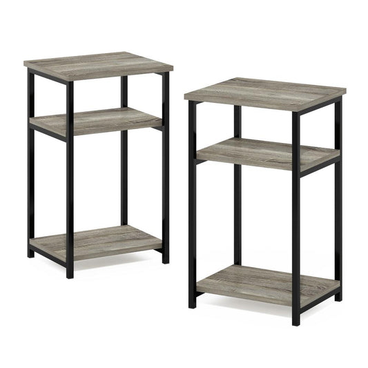 Furinno Just 3-Tier Industrial Metal Frame End Table with Storage Shelves, 2-Pack, French Oak