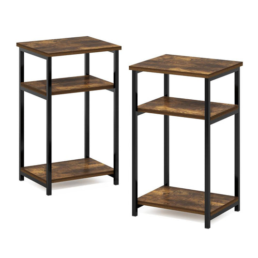 Furinno Just 3-Tier Industrial Metal Frame End Table with Storage Shelves, 2-Pack, Amber Pine