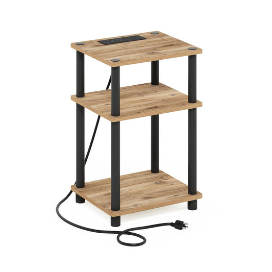 Just 3-Tier Turn-N-Tube USB and Type-C Charging Port End Table, Oak/Black