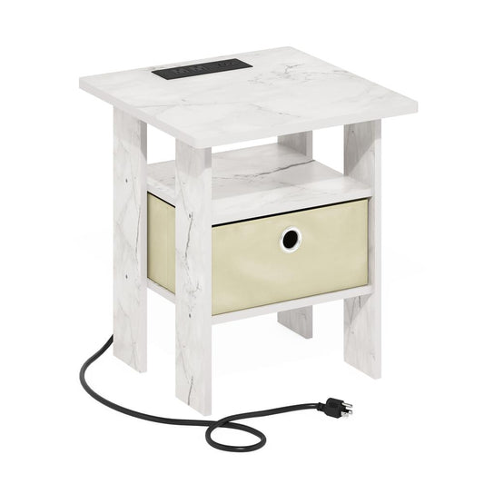 Andrey USB and Type-C Port Charging Station End Table, Marble White/Ivory