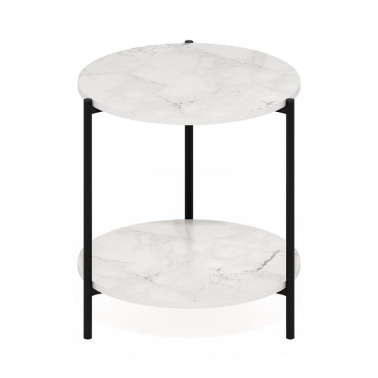 Besi 2-Tier Modern Round Side End Table with Sturdy Metal Legs, Marble White