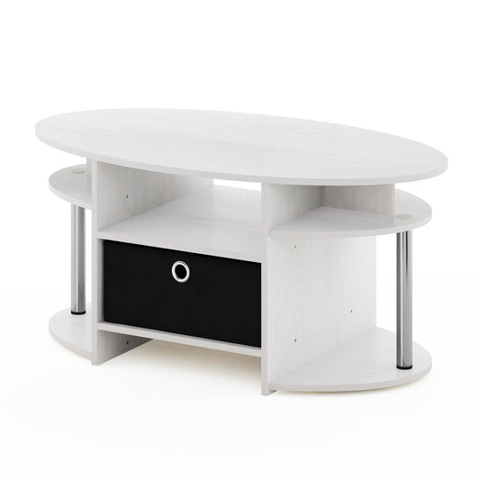 Furinno JAYA Simple Design Oval Coffee Table with Bin, White Oak, Stainless Steel Tubes