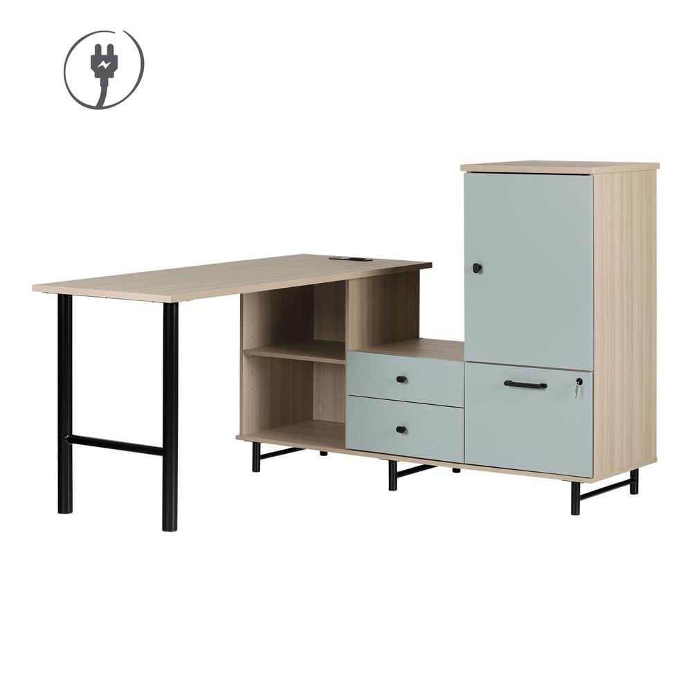 Zelia L-Shaped Desk with Built In Power Bar, Soft Elm and Steel Blue