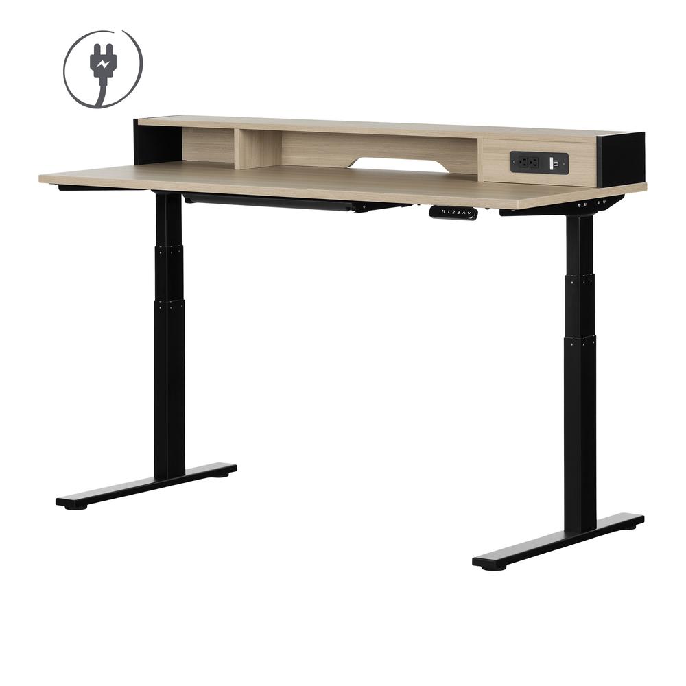 Majyta Adjustable Height Standing Desk with Built In Power Bar, Soft Elm and Matte Black