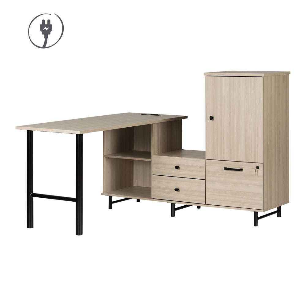 Zelia L-Shaped Desk with Built In Power Bar, Soft Elm