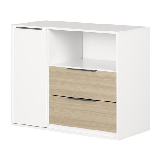 Hourra 2-Drawer Dresser with Door, Soft Elm and White