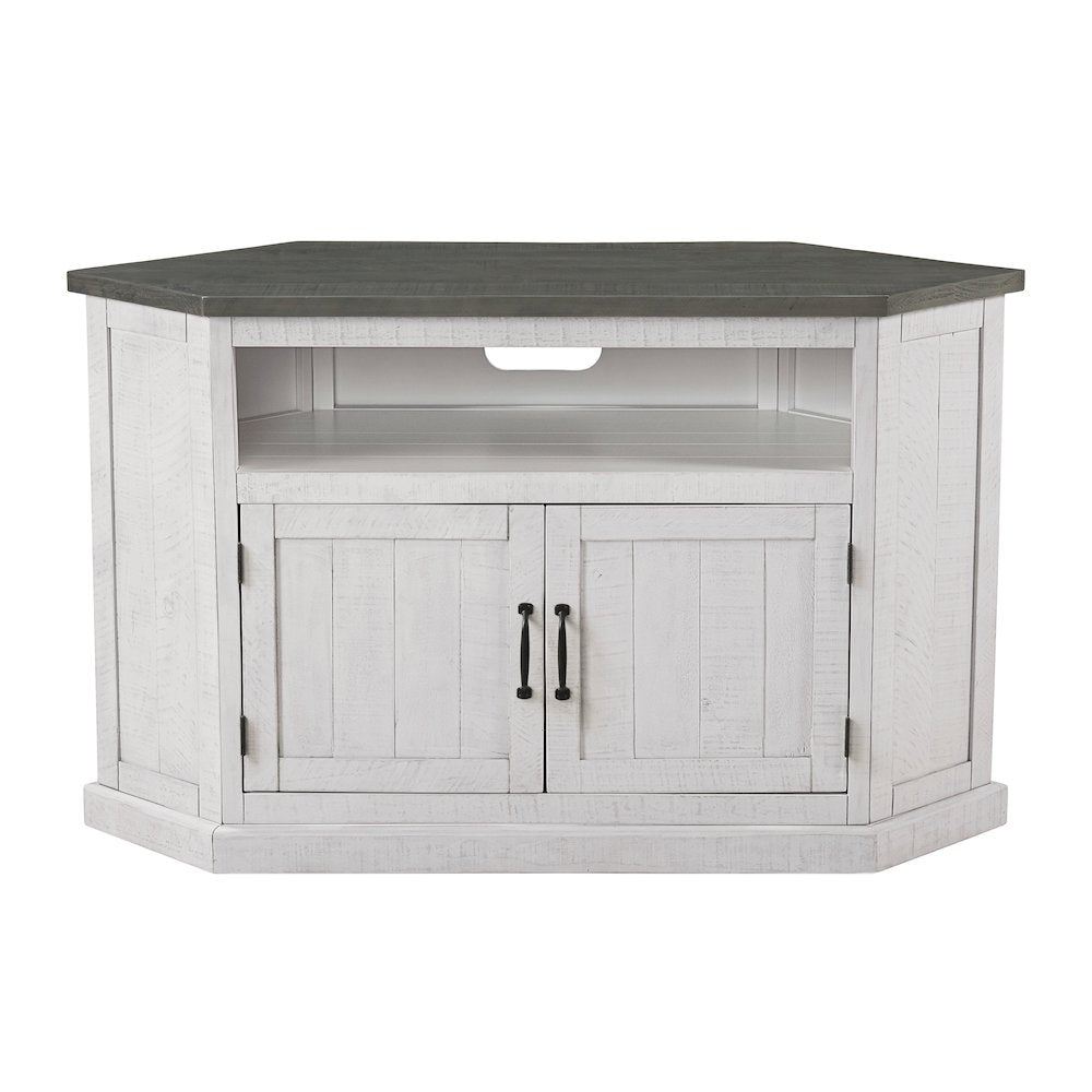 Martin Svensson Home Rustic Corner TV Stand, White Stain with Grey Top