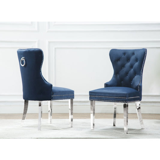 Velvet Tufted Dining Chair, Stainless Steel Legs (Set of 2) - Navy Blue