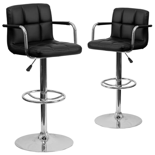 2 Pk. Contemporary Black Quilted Vinyl Adjustable Height Barstool with Arms and Chrome Base