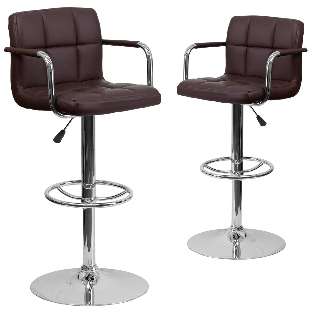 2 Pk. Contemporary Brown Quilted Vinyl Adjustable Height Barstool with Arms and Chrome Base