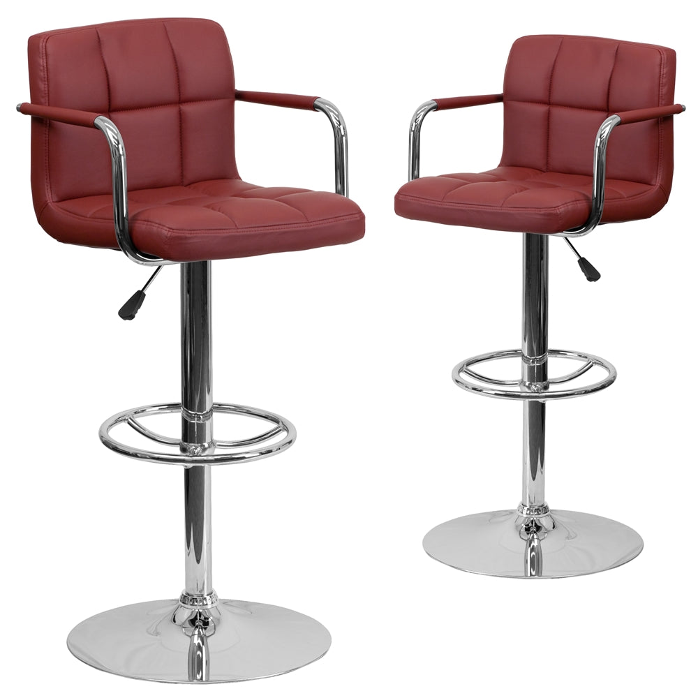 2 Pk. Contemporary Burgundy Quilted Vinyl Adjustable Height Barstool with Arms and Chrome Base