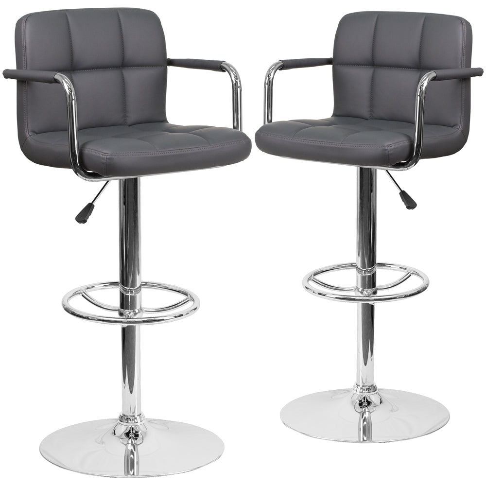 2 Pk. Contemporary Gray Quilted Vinyl Adjustable Height Barstool with Arms and Chrome Base