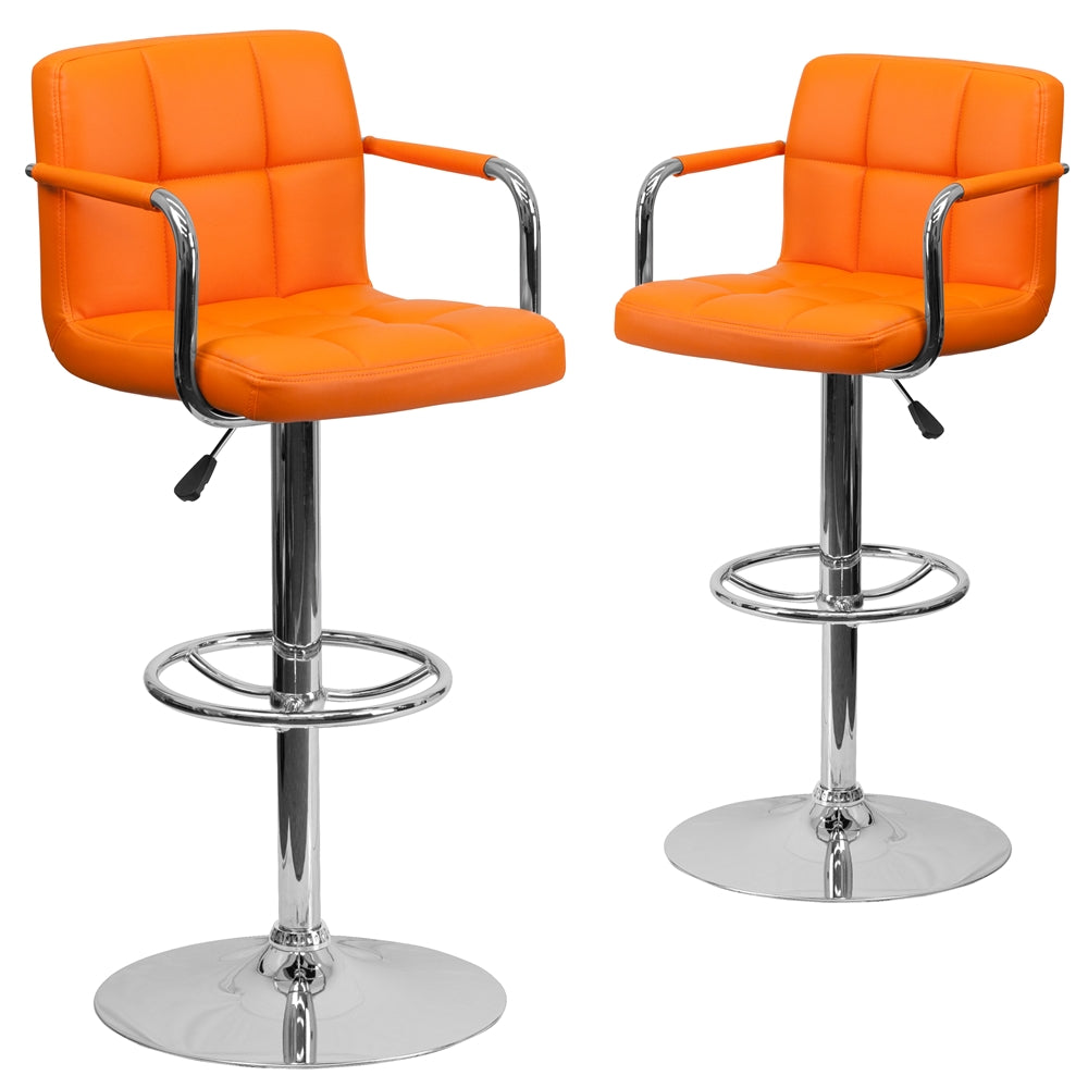 2 Pk. Contemporary Orange Quilted Vinyl Adjustable Height Barstool with Arms and Chrome Base