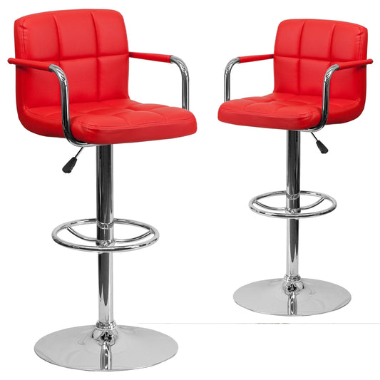 2 Pk. Contemporary Red Quilted Vinyl Adjustable Height Barstool with Arms and Chrome Base