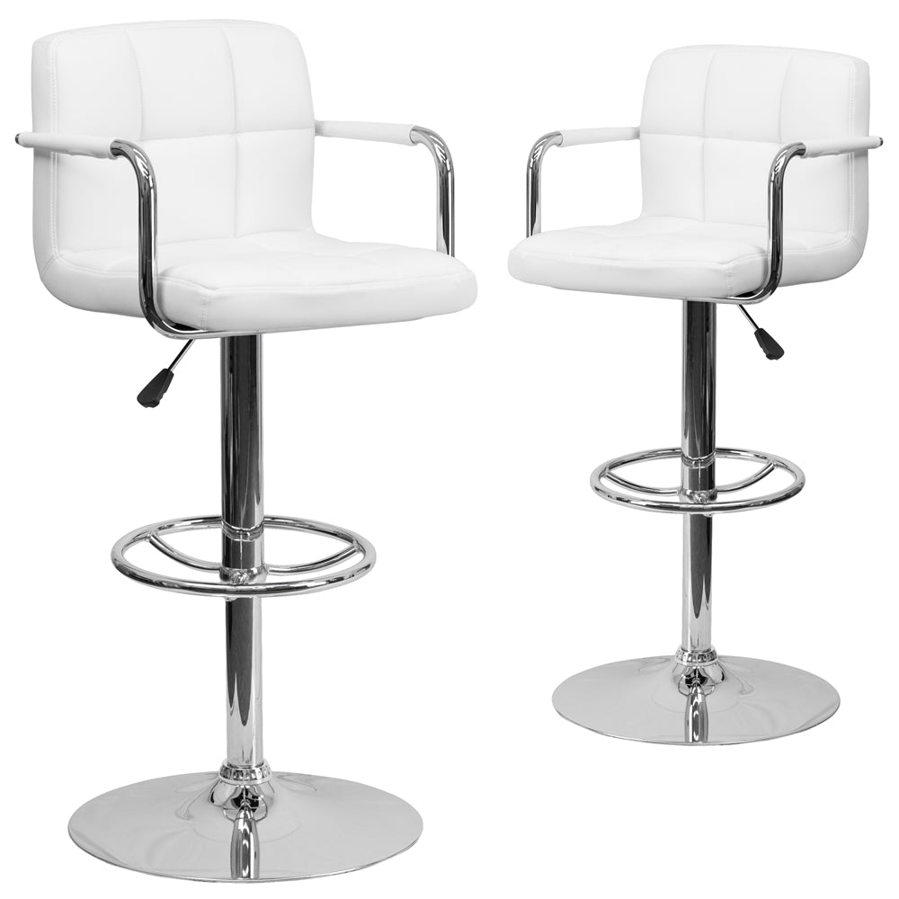 2 Pk. Contemporary White Quilted Vinyl Adjustable Height Barstool with Arms and Chrome Base