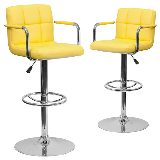 2 Pk. Contemporary Yellow Quilted Vinyl Adjustable Height Barstool with Arms and Chrome Base