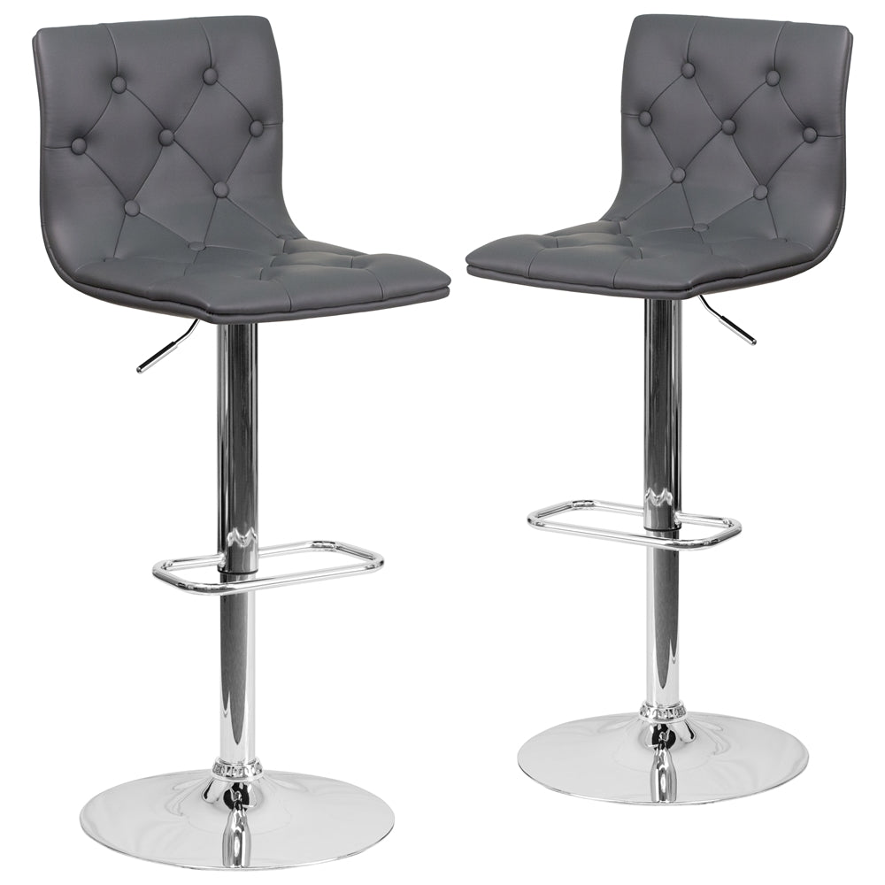 2 Pk. Contemporary Tufted Gray Vinyl Adjustable Height Barstool with Chrome Base