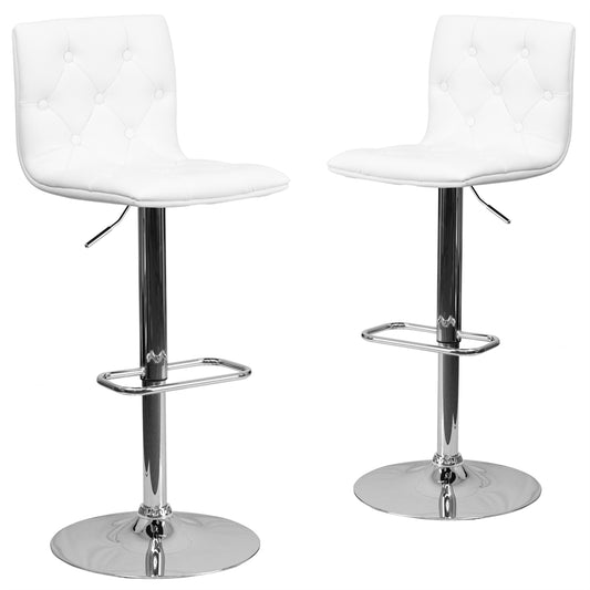 2 Pk. Contemporary Tufted White Vinyl Adjustable Height Barstool with Chrome Base