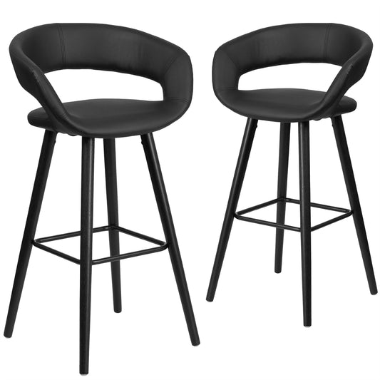 2 Pk. Brynn Series 29'' High Contemporary Black Vinyl Barstool with Cappuccino Wood Frame