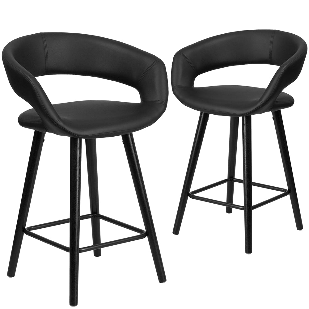 2 Pk. Brynn Series 24'' High Contemporary Black Vinyl Counter Height Stool with Cappuccino Wood Frame