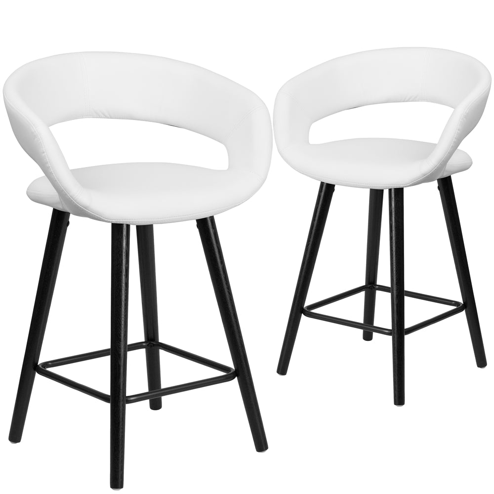 2 Pk. Brynn Series 24'' High Contemporary White Vinyl Counter Height Stool with Cappuccino Wood Frame