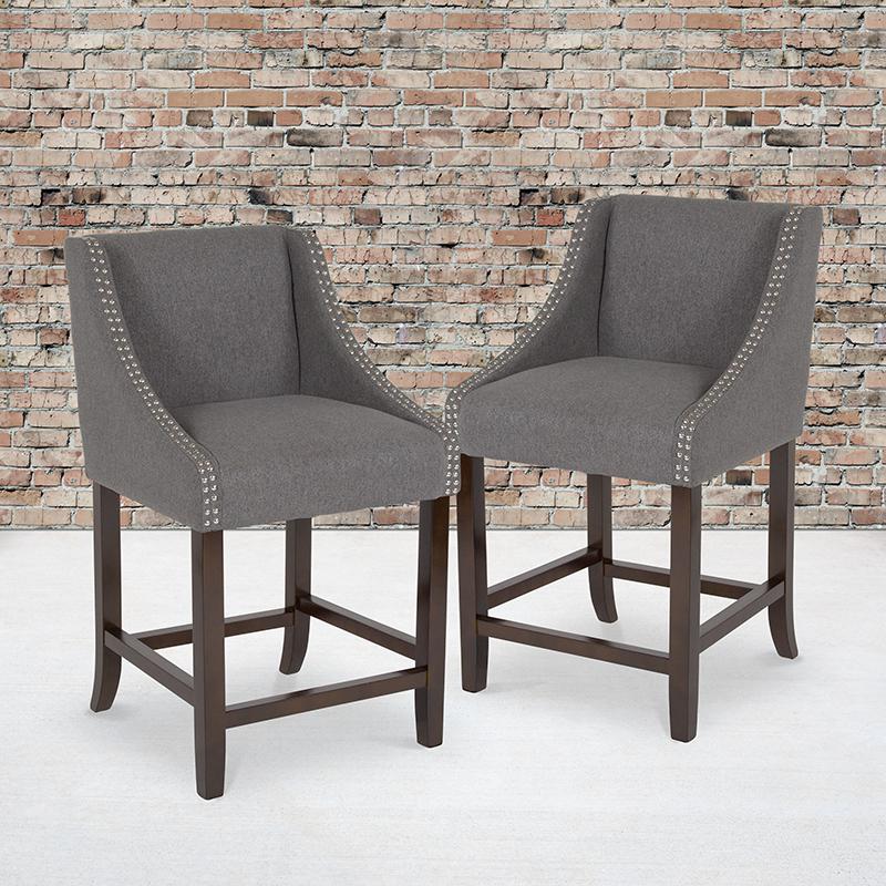 Carmel Series 24" High Transitional Walnut Counter Height Stool with Nail Trim in Dark Gray Fabric, Set of 2