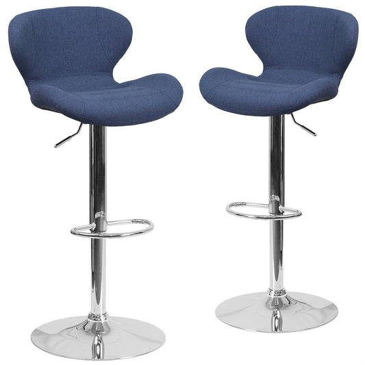 2 Pk. Contemporary Blue Fabric Adjustable Height Barstool with Chrome Base