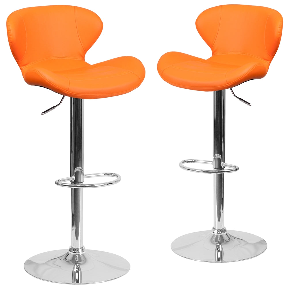 2 Pk. Contemporary Orange Vinyl Adjustable Height Barstool with Chrome Base