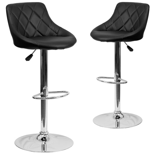 2 Pk. Contemporary Black Vinyl Bucket Seat Adjustable Height Barstool with Chrome Base