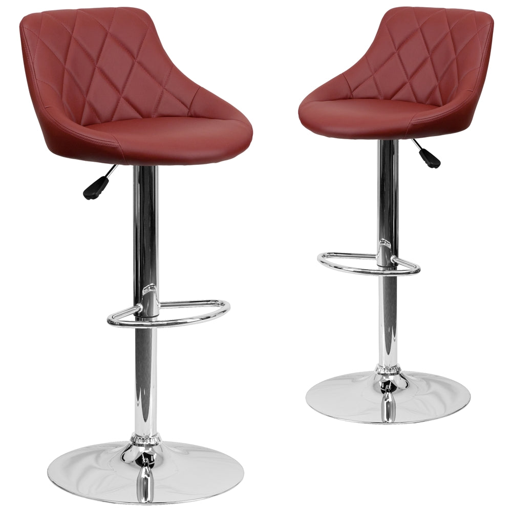 2 Pk. Contemporary Burgundy Vinyl Bucket Seat Adjustable Height Barstool with Chrome Base