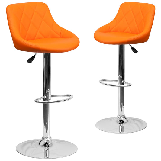 2 Pk. Contemporary Orange Vinyl Bucket Seat Adjustable Height Barstool with Chrome Base