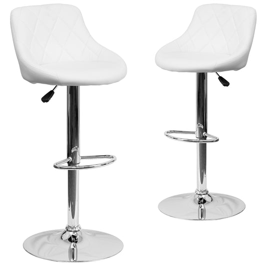 2 Pk. Contemporary White Vinyl Bucket Seat Adjustable Height Barstool with Chrome Base