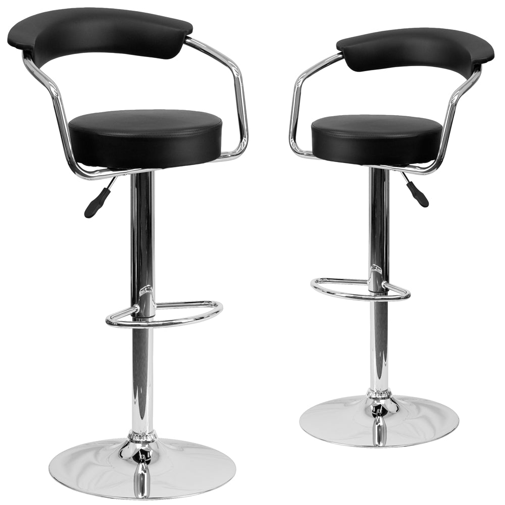 2 Pk. Contemporary Black Vinyl Adjustable Height Barstool with Arms and Chrome Base