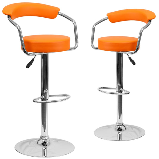 2 Pk. Contemporary Orange Vinyl Adjustable Height Barstool with Arms and Chrome Base