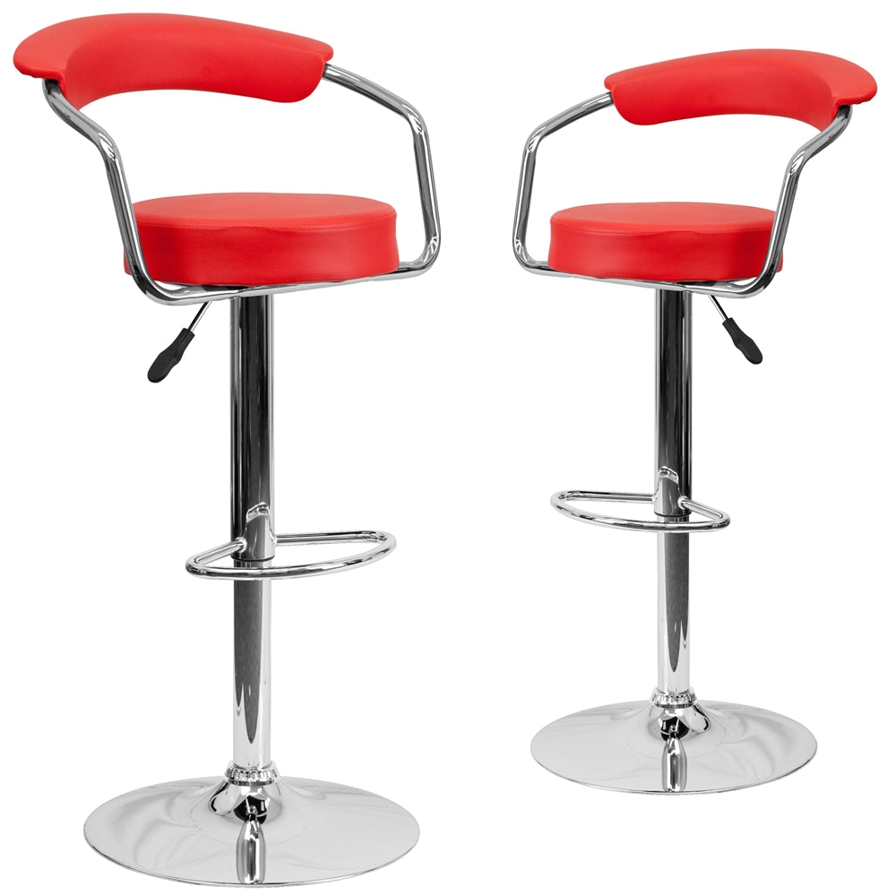 2 Pk. Contemporary Red Vinyl Adjustable Height Barstool with Arms and Chrome Base