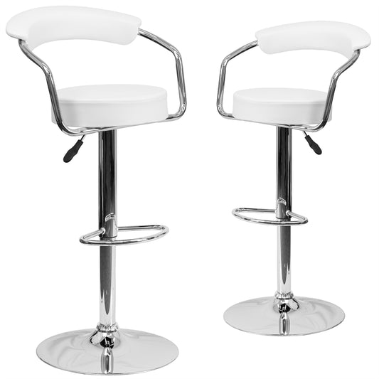 2 Pk. Contemporary White Vinyl Adjustable Height Barstool with Arms and Chrome Base