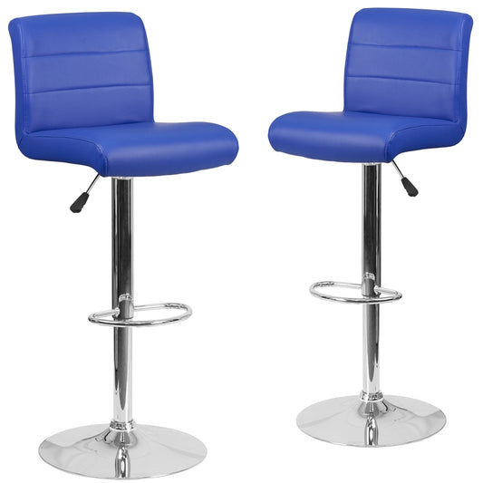 2 Pk. Contemporary Blue Vinyl Adjustable Height Barstool with Chrome Base and Footrest