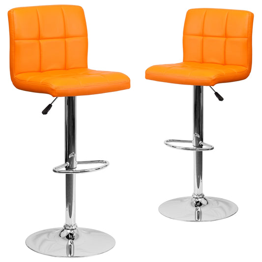 2 Pk. Contemporary Orange Quilted Vinyl Adjustable Height Barstool with Chrome Base