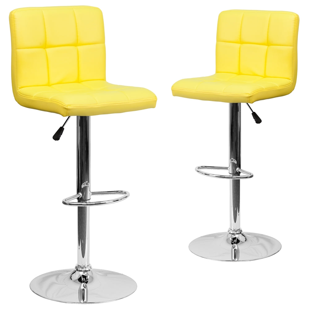 2 Pk. Contemporary Yellow Quilted Vinyl Adjustable Height Barstool with Chrome Base