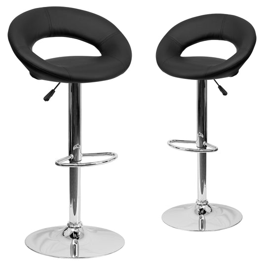 2 Pk. Contemporary Black Vinyl Rounded Back Adjustable Height Barstool with Chrome Base