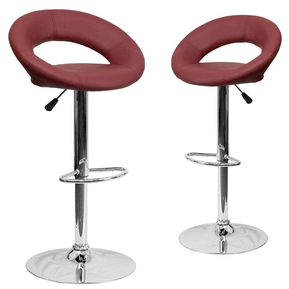 2 Pk. Contemporary Burgundy Vinyl Rounded Back Adjustable Height Barstool with Chrome Base