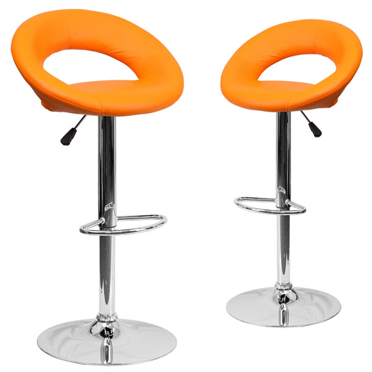 2 Pk. Contemporary Orange Vinyl Rounded Back Adjustable Height Barstool with Chrome Base