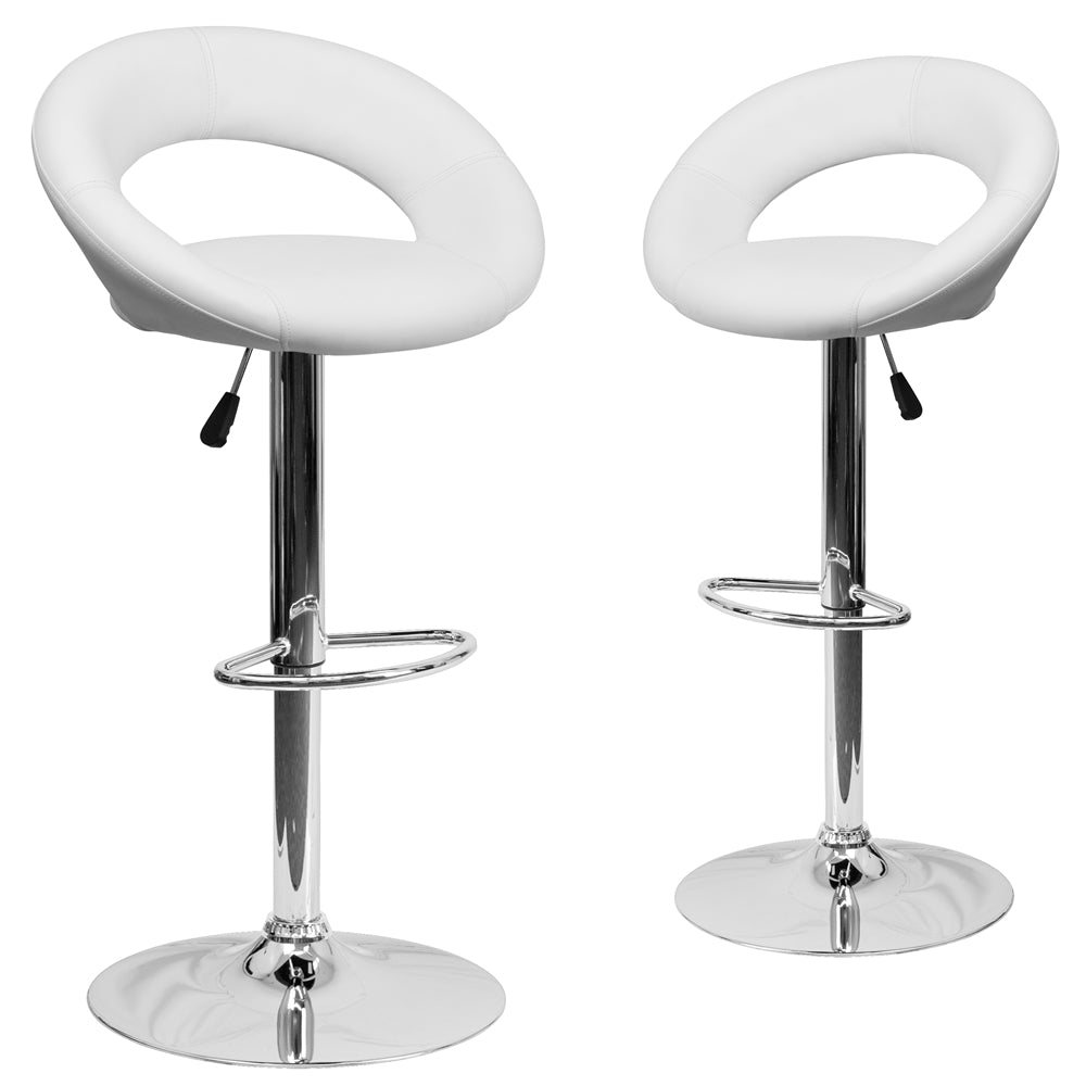 2 Pk. Contemporary White Vinyl Rounded Back Adjustable Height Barstool with Chrome Base