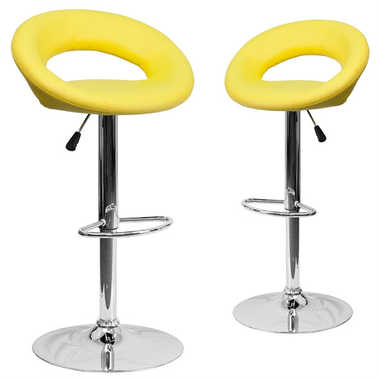 2 Pk. Contemporary Yellow Vinyl Rounded Back Adjustable Height Barstool with Chrome Base