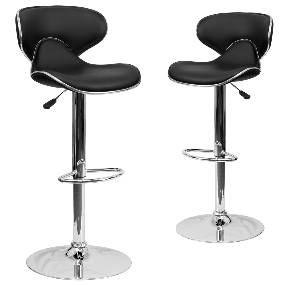 2 Pk. Contemporary Cozy Mid-Back Black Vinyl Adjustable Height Barstool with Chrome Base