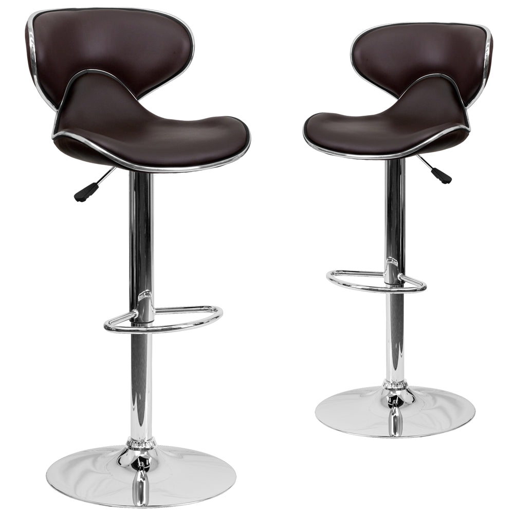 2 Pk. Contemporary Cozy Mid-Back Brown Vinyl Adjustable Height Barstool with Chrome Base